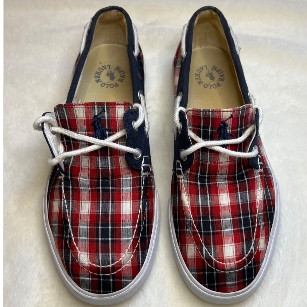 Polo Ralph Lauren‎ Plaid Boat Shoes Casual Loafers Red White Blue Size 8D Mens